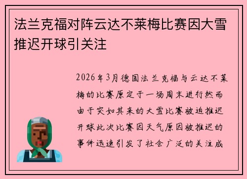 法兰克福对阵云达不莱梅比赛因大雪推迟开球引关注